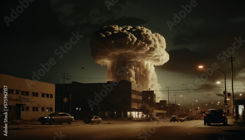 Mushroom cloud after atomic bomb explosion in city. The concept of nuclear war. AI generated
