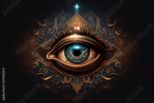 Illustration of the activated third eye in sync with the cosmos, highlighting the pineal gland's link to spirituality, metaphysics, meditation, chakras, and esoteric themes. Includes space for text