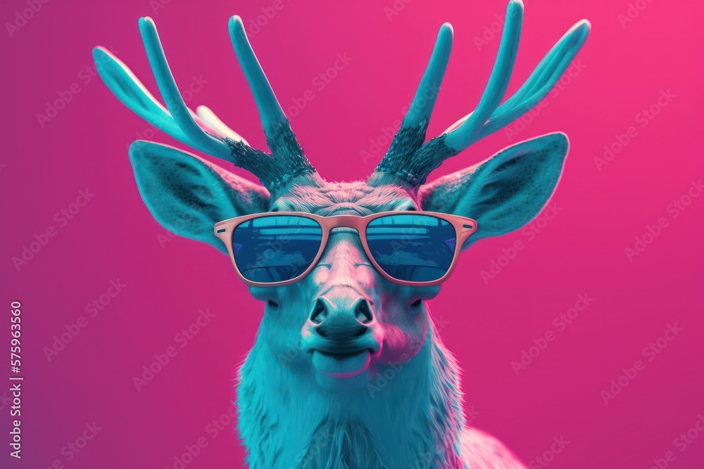 Neon cyberpunk futuristic portrait of reindeer with large strong horns and sunglasses. purple lights. AI generated