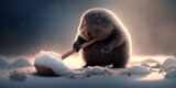 A cute and sad mole shovels snow in the winter with a bright red shovel