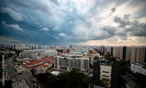 Photography View over Geylang area and CBD and Stadium at the back during a cloudy evening