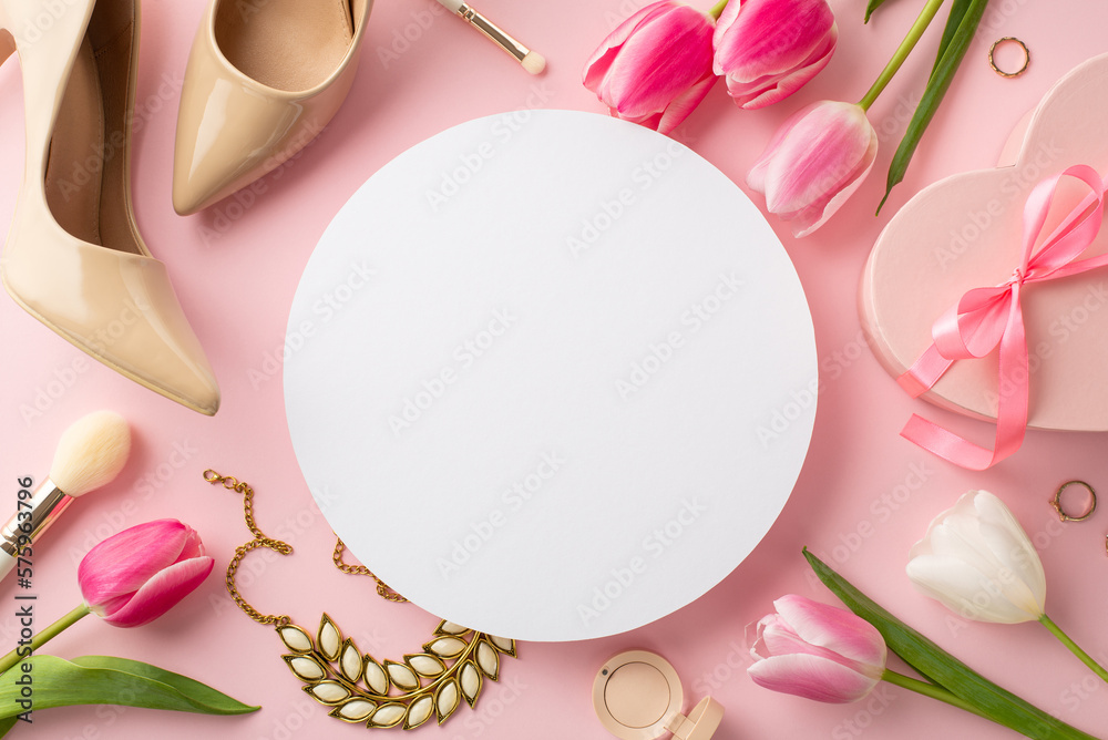 Women's Day concept. Top view photo of white circle heart shaped giftbox tulips trendy high heel shoes gold rings necklace cosmetic brushes eyeshadow on isolated pastel pink background with copyspace