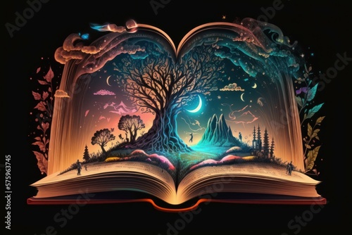 Magic book illustration. Fantastic story concept. AI generated