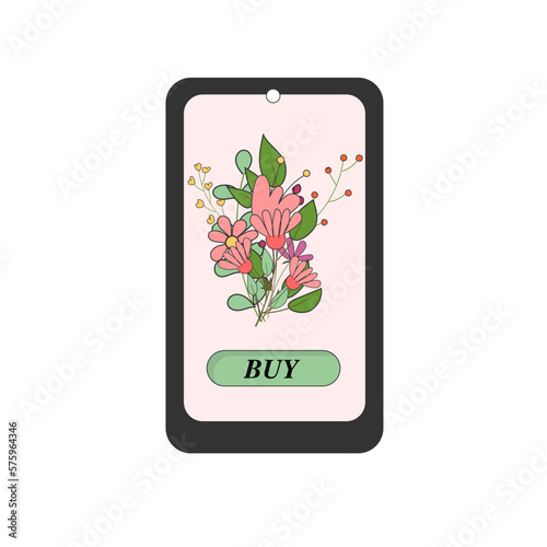 Vector illustration with a spring bouquet in the online store on a smartphone and a button to buy