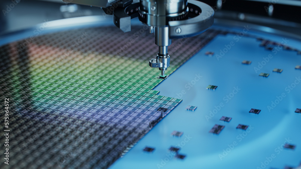 Silicon Dies Are Being Extracted By A Pick And Place Machine From Wafer Silicon Dies Are Being Extracted By A Pick And Place Machine From Wafer