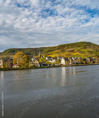 Ellenz-Poltersdorf village houses and colourful vineyards on Moselle river during fall, Germany photo