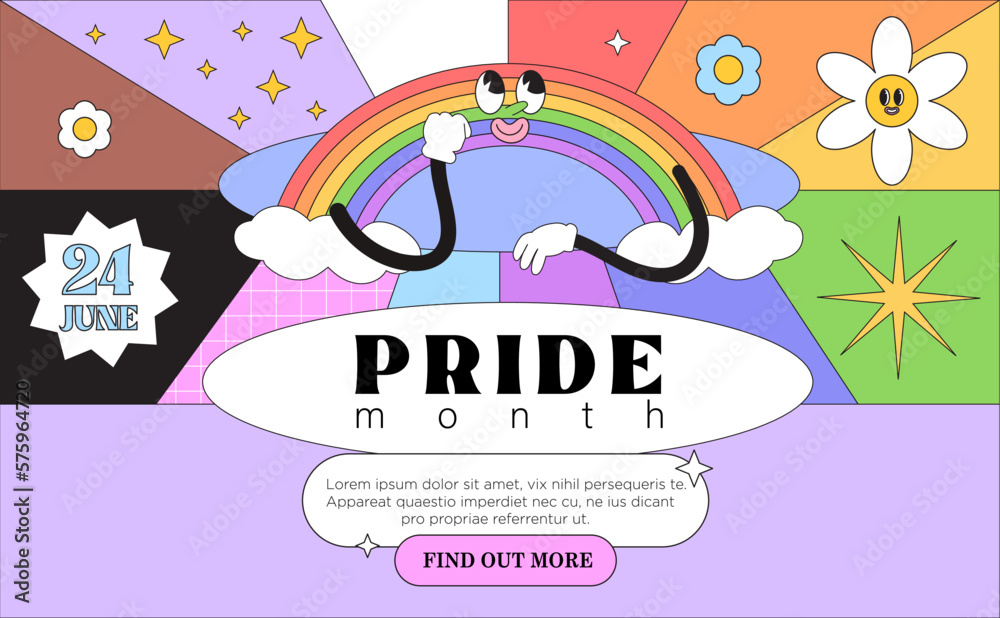 Lgbt pride month day festival banner, landing page, greeting post card, placard, flyer or poster. Funny trendy groovy flower and rainbow characters on colorful abstract background. Event invitation. Lgbt pride month day festival banner, landing page, greeting post card, placard, flyer or poster. Funny trendy groovy flower and rainbow characters on colorful abstract background. Event invitation.