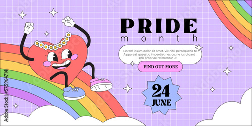 Lgbt pride month day festival banner, landing page, greeting post card, placard, flyer or poster. Funny trendy groovy heart characters riding rainbow on grid squared background. Event invitation.