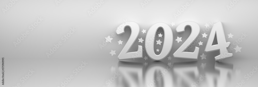 Wide banner with year 2024 number and stars on white background. Banner with copy blank space. 3d render. Wide banner with year 2024 number and stars on white background. Banner with copy blank space. 3d render.
