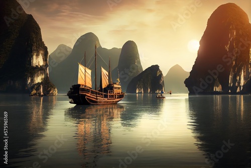 Ha Long Bay At Vietnam As Travel Scene Technology. Generative AI photo