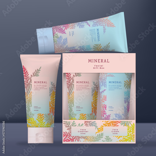 Vector Beauty Hand Cream Gift Box Packaging with Flip Cap. Pastel Gradient Colors Summer or Spring Tropical Leaf or Fern Pattern Design.