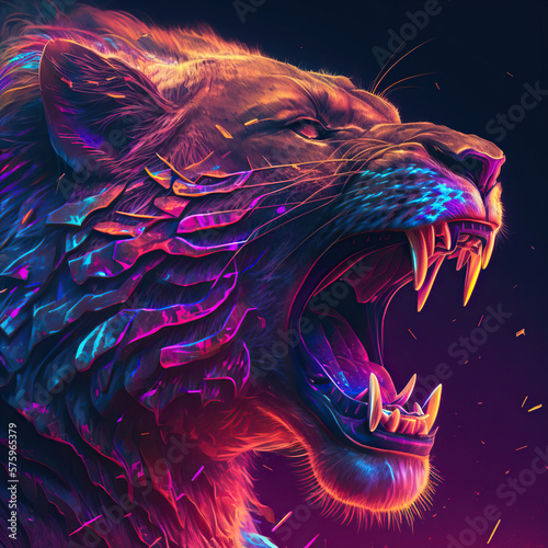 Colourful artistic illustration of wild roaring angry lion, wild cat's