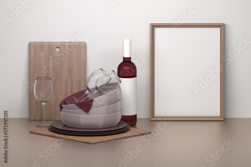 Mockup template with A4 frame and kitchen utencils - plates, wine bottle, wine glass on table. 3d render.