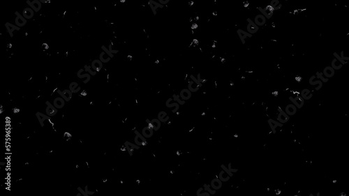White ash or dust particles, flying and floating on air, overlay a black background in this still shot.