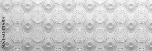 Wide banner with delicate white pattern of many circles shapes. 3d render.