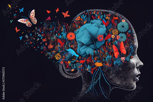 Human Brain With Flowers And Butterflies, Self Care And Mental Health Concept, Positive Thinking, Creative Mind. Generative AI