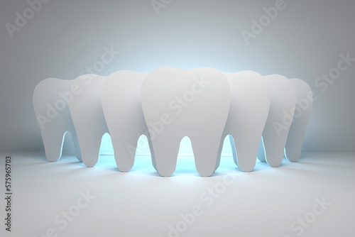 Simple illustration with row of white teeth illuminated by blue light. 3d render.