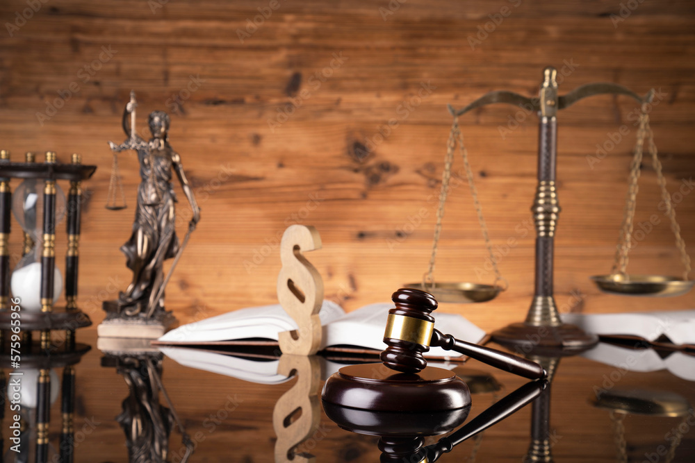 Law concept. Judge chamber. Judge’s gavel, Themis sculpture, scale and