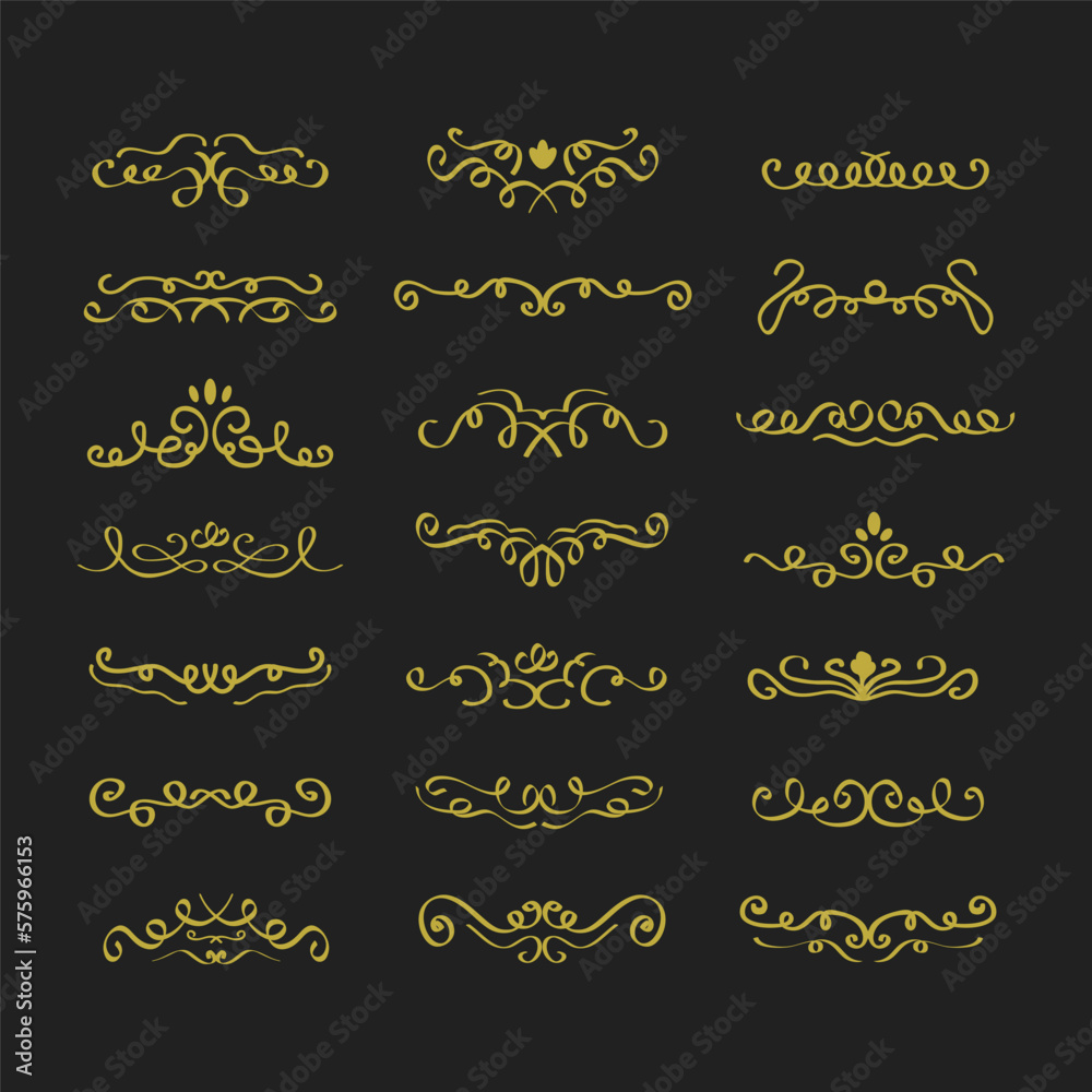 Assorted golden line hand drawn swirl dividers design elements set on black background