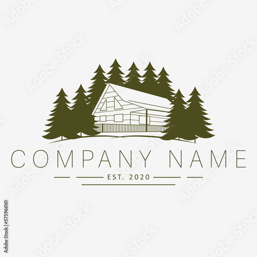 Hand draen house and trees logo design. Flat logo template. Luxury real estate logotype.