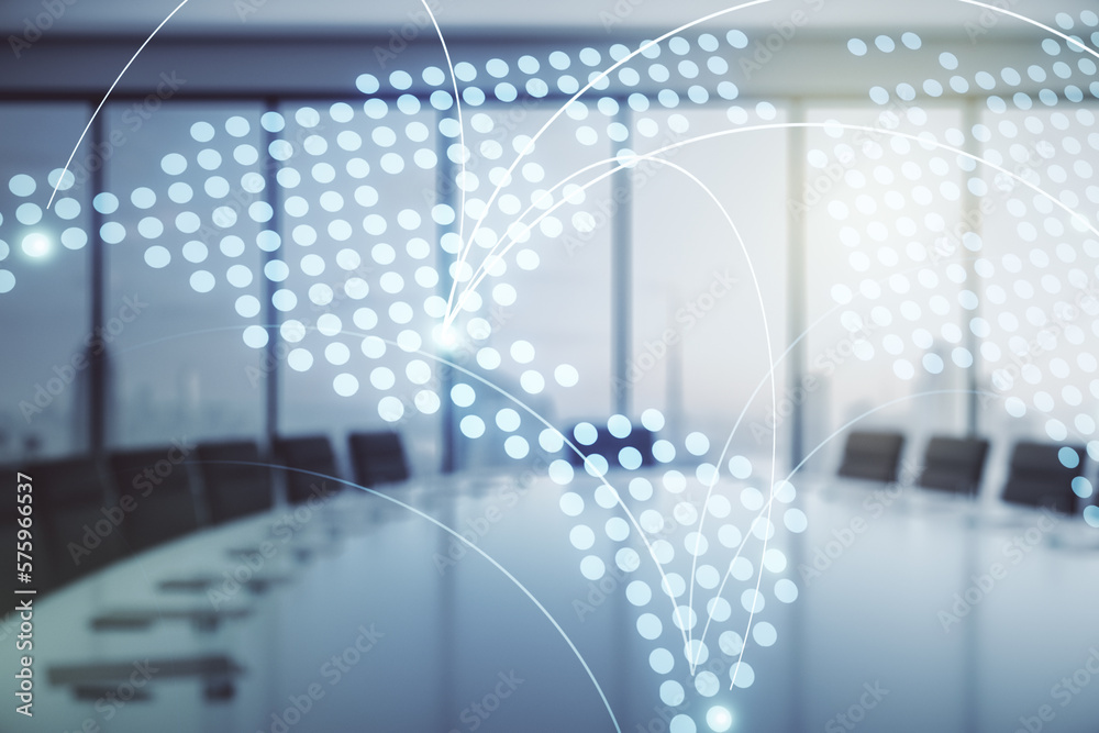 Abstract virtual world map with connections on a modern conference room background, international trading concept. Multiexposure Abstract virtual world map with connections on a modern conference room background, international trading concept. Multiexposure