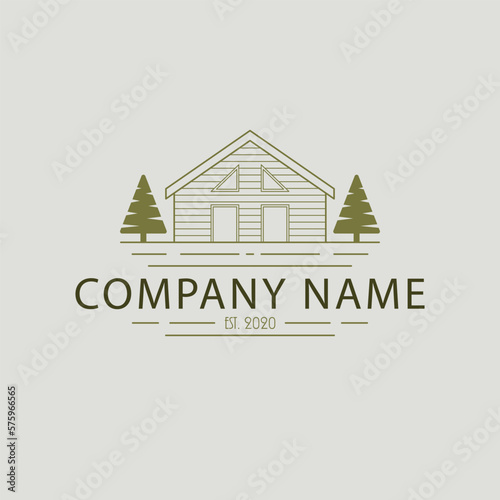Hand draen house and trees logo design. Flat logo template. Luxury real estate logotype.