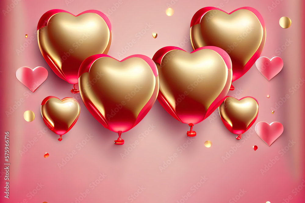 Excellent March 8 golden symbol with 3d red heart balloons. International Women's day pink background Generative Ai