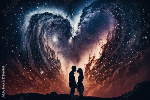 Two lovers in a romantic couple pose with starry night galaxy sky. Man and woman silhouette in happy relationship. Ai generated