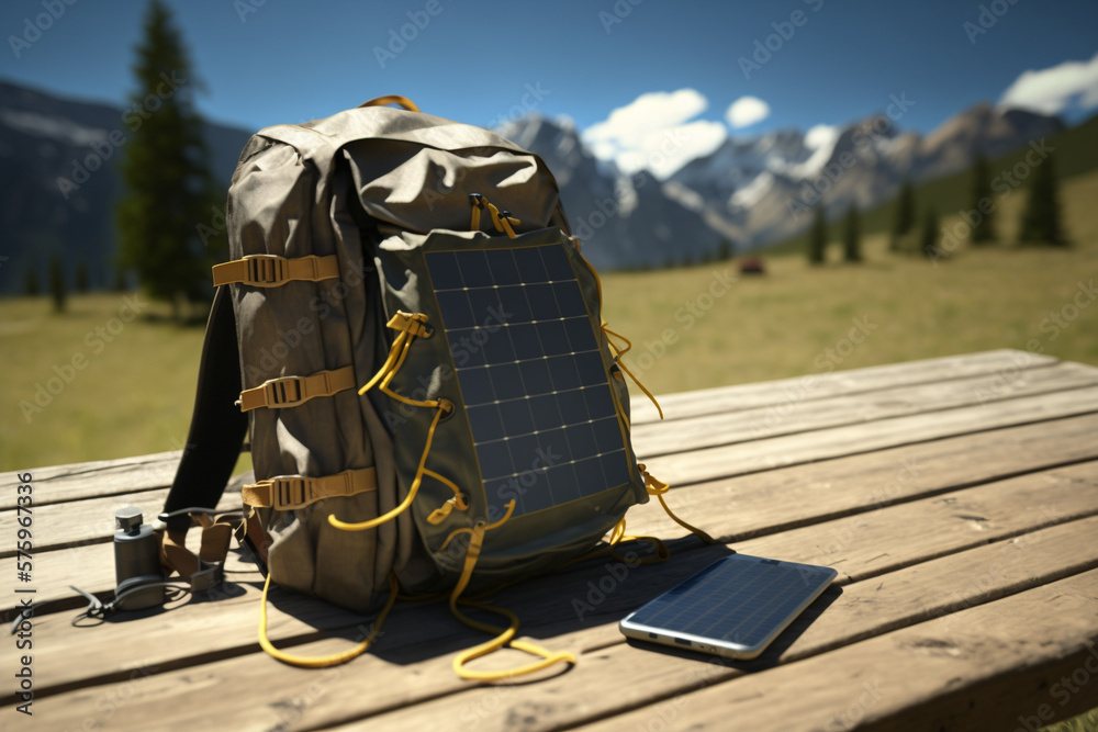 Mountain backpack with solar battery charger ready for travel and exploring. Solar energy nature adventure hiking. Ai generated