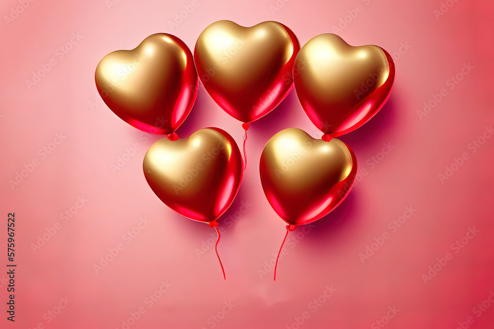 Excellent March 8 golden symbol with 3d red heart balloons. International Women's day pink background Generative Ai