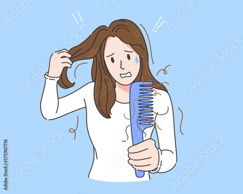 Woman holding comb with serious hair loss problem for health care shampoo and beauty product concep, vector illustration