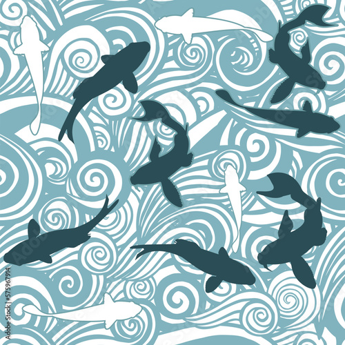 Sea waves sketch pattern and fish.. Ocean surf wave hand drawn seamless pattern vector illustration