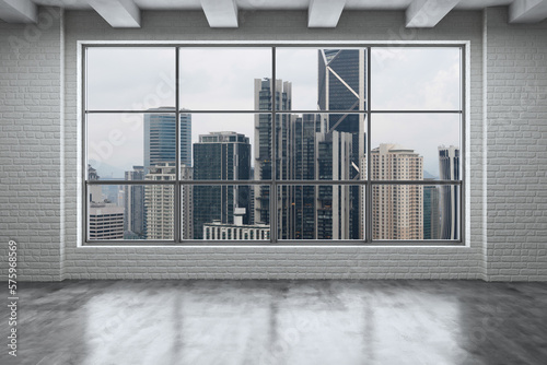 Downtown Kuala Lumpur City Skyline Buildings from High Rise Window. Beautiful Expensive Real Estate overlooking. Empty room Interior Skyscrapers View Malaysia. Day time. 3d rendering.