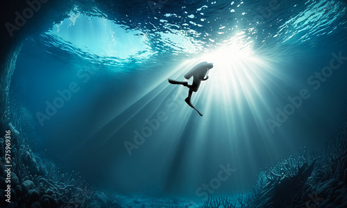 Scuba diving under deep blue sea. Diver swim undersea cave with sunray. 3D illustration. 