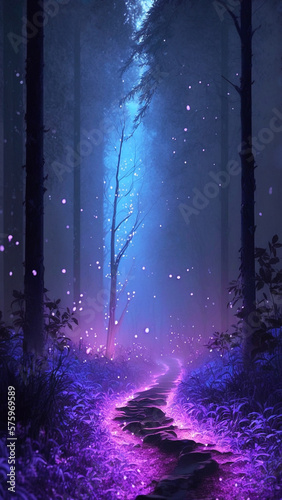 Mystery pathway background leading to dark forest. 16:9 phone wallpaper. Illustration image.