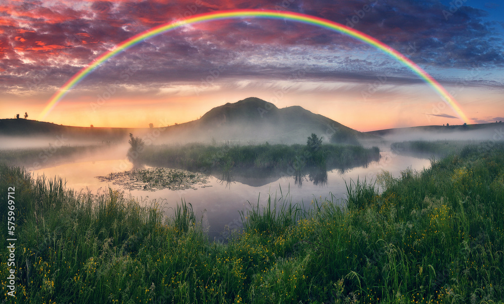 Naklejka premium Landscape with a Rainbow on the River in Spring. colorful morning. nature of Ukraine