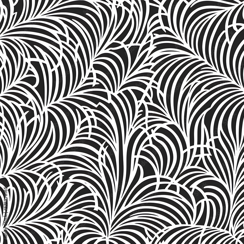 Tropical motifs wavy pattern line art. Black and white design. Generative AI Tropical motifs wavy pattern line art. Black and white design. Generative AI