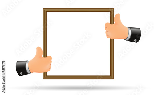 Two cartoon hands hold the frame. Empty frame, free space for copying. Template for text and image.
Vector drawing, 3d.
