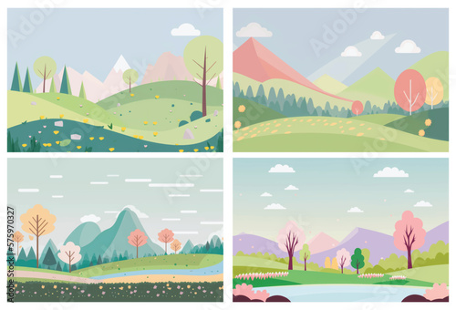 Peaceful natural landscape illustration with green trees, rolling hills, and a clear blue sky - perfect for any project needing a serene outdoor setting. This vector artwork 