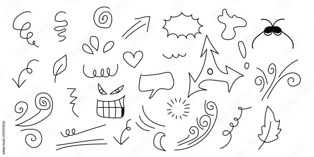 Vector set of hand-drawn cute cartoony expression sign doodle line stroke. movement drawing, curve directional arrows, emoticon effects design elements, cartoon character emotion symbols, Vector set of hand-drawn cute cartoony expression sign doodle line stroke. movement drawing, curve directional arrows, emoticon effects design elements, cartoon character emotion symbols,