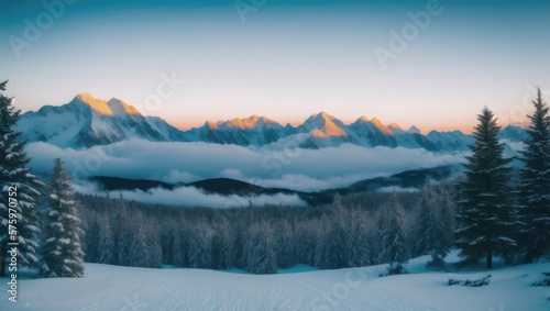 winter, snow-capped mountains and forest