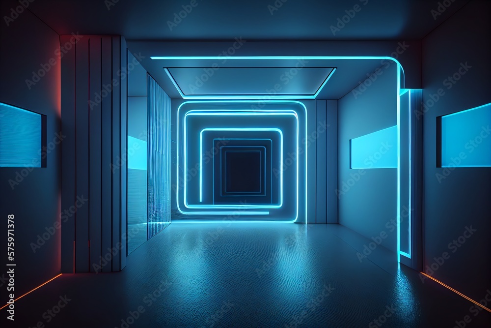 Empty Futuristic Room Illuminated By Neon Tube Light. Generative AI Empty Futuristic Room Illuminated By Neon Tube Light. Generative AI
