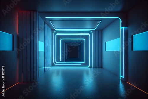 Empty Futuristic Room Illuminated By Neon Tube Light. Generative AI