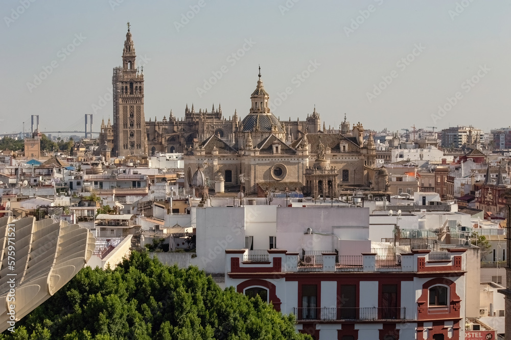 Aerial view of Sevilla from Las Setas De Sevilla (Sevilla Mushrooms) center on sunny day, Andalusia, Spain