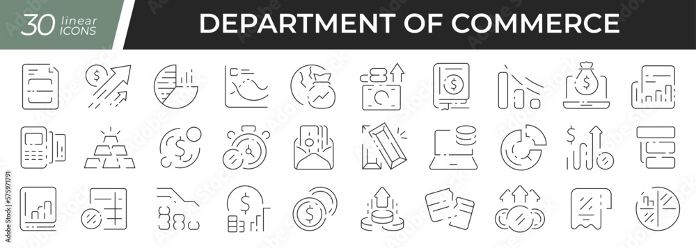 Commerce department linear icons set. Collection of 30 icons in black
