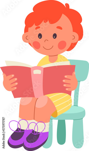 Children read book flat icon Cute boy reading literature