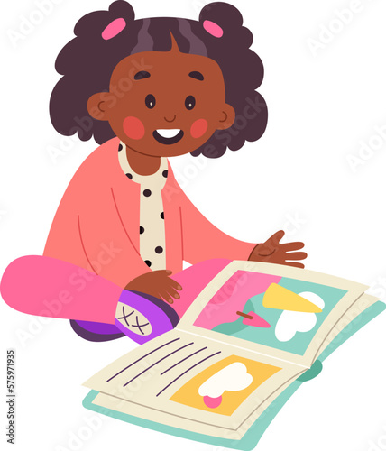 Children read book flat icon Cute girl reading literature