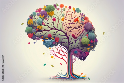 Human Brain Tree With Flowers, Self Care And Mental Health Concept, Positive Thinking, Creative Mind. Generative AI