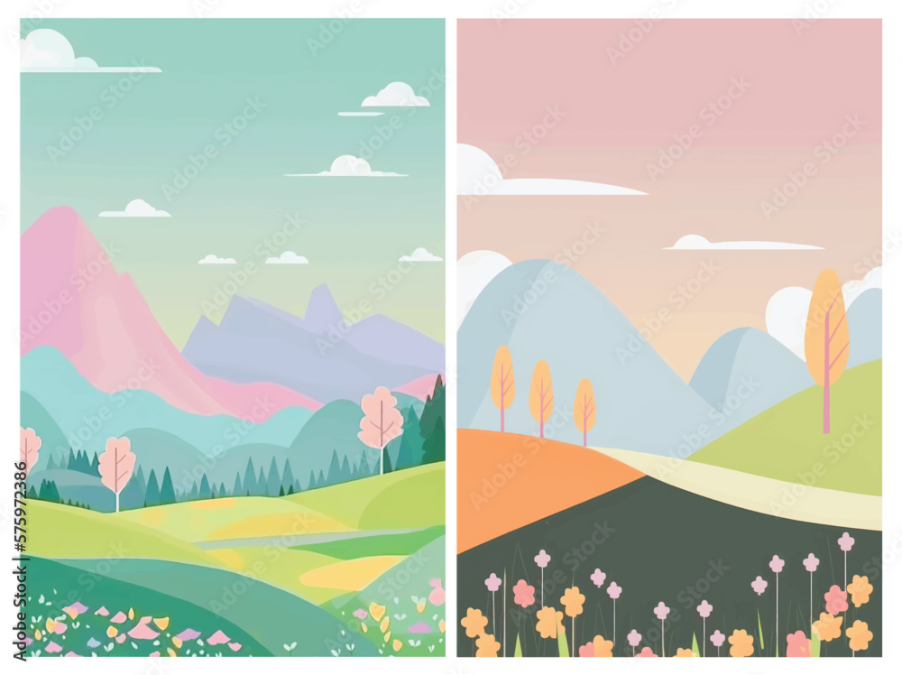 Peaceful natural landscape illustration with green trees, rolling hills, and a clear blue sky - perfect for any project needing a serene outdoor setting. This vector artwork 