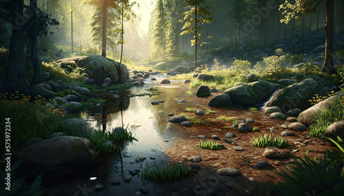 Beautiful forest with stream running through the middle as the morning light begins to appear. space for text.